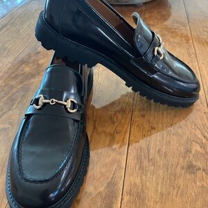 Women’s  Black Lug Sole Loafers with Gold Detailing